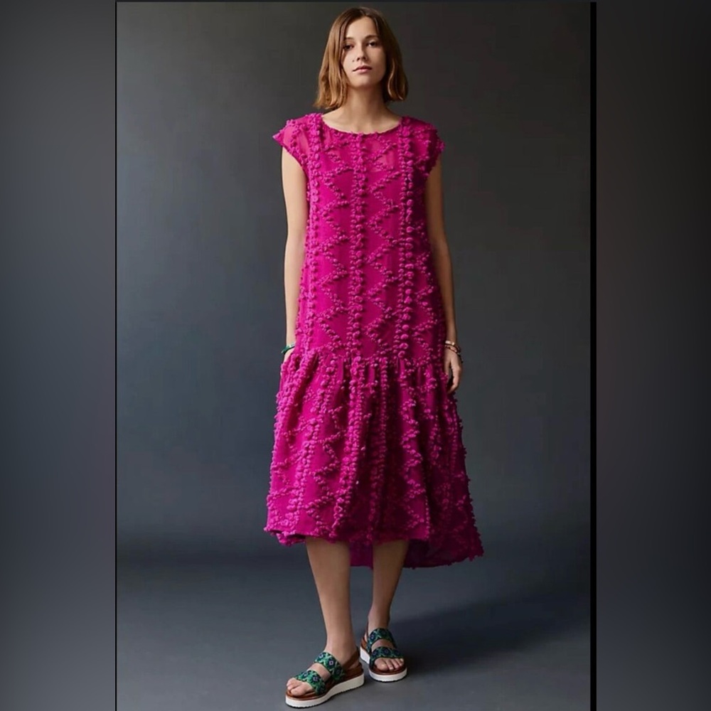 Maeve by Anthropologie Blythe long fuchsia dress with flocking, size Medium
